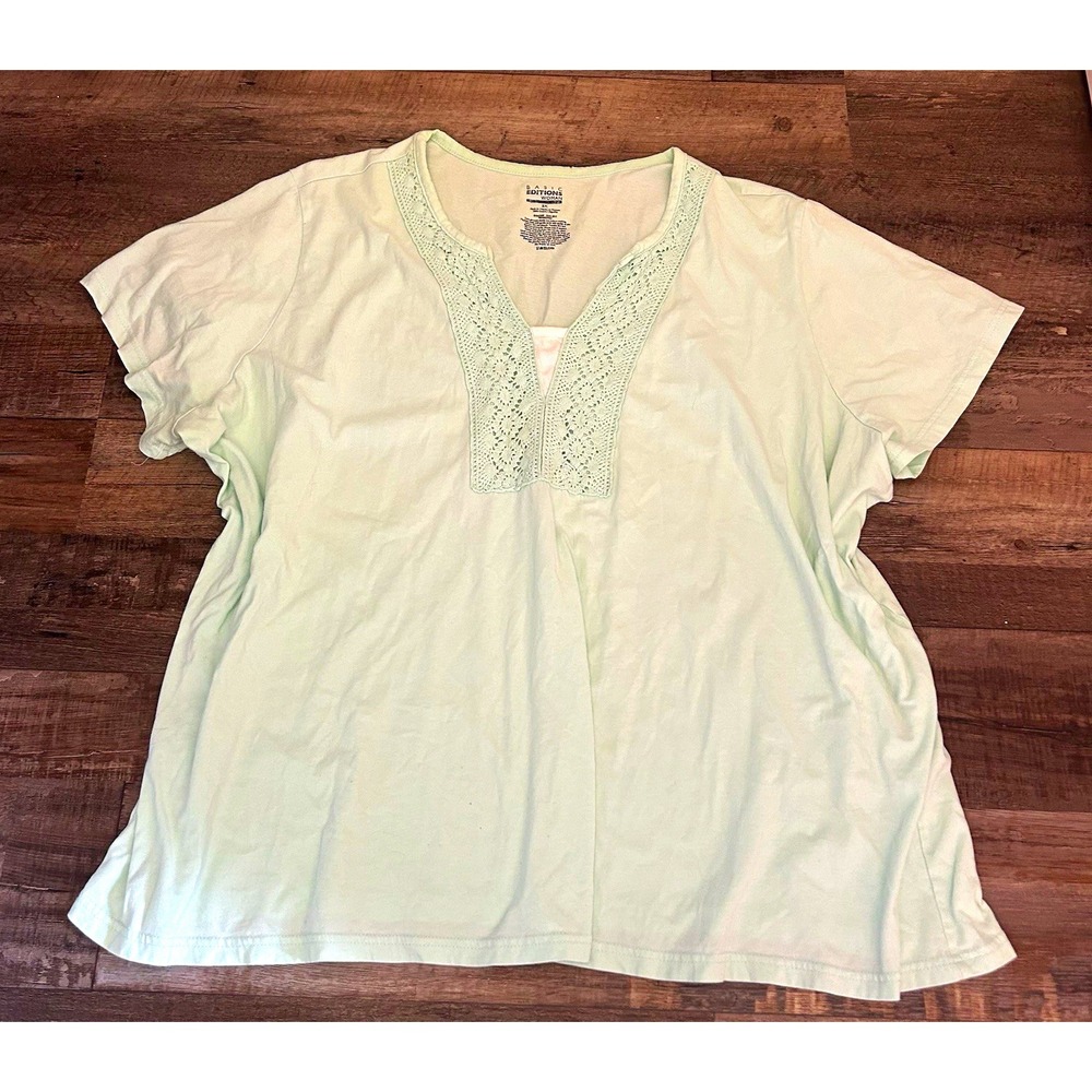 Basic Editions Mint Green Lace Knit Pullover Top V-Neck Short Sleeve 3X